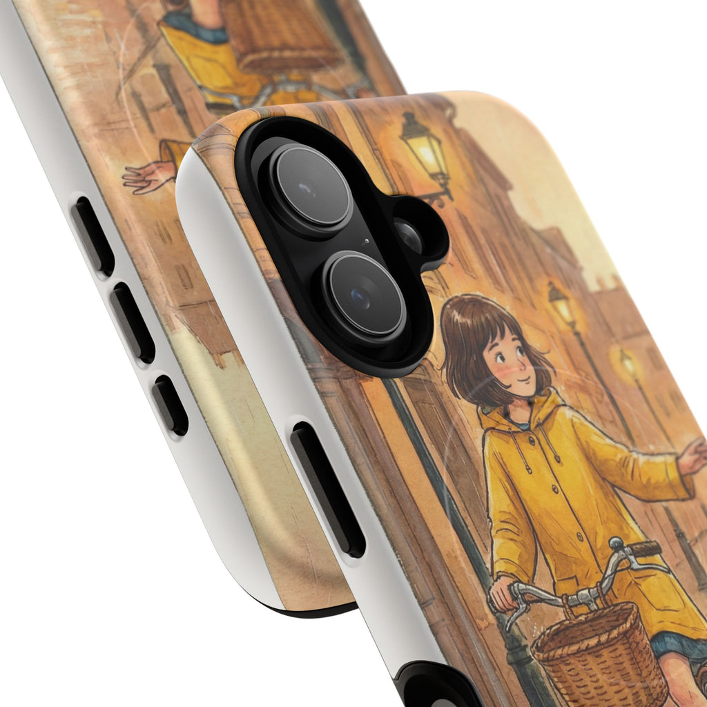 Phone Case — Vintage Rainy Evening Girl on Bicycle Illustration