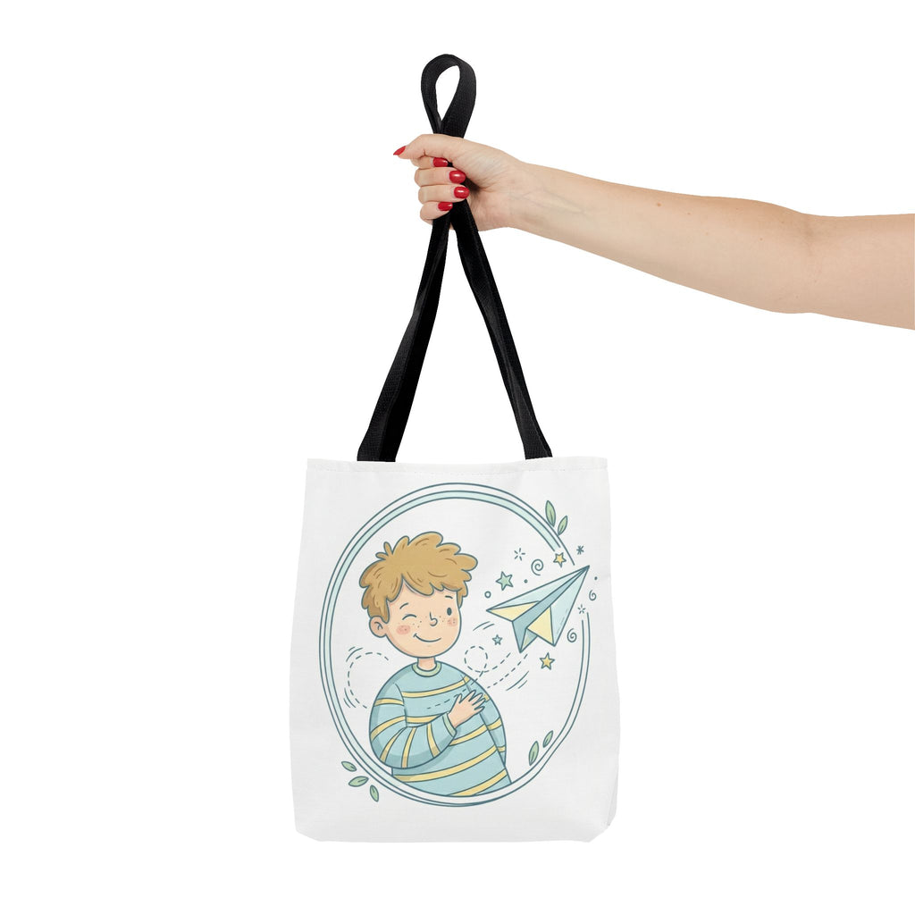 Cute Boy with Paper Airplane Tote Bag — Kids Illustration AOP Tote