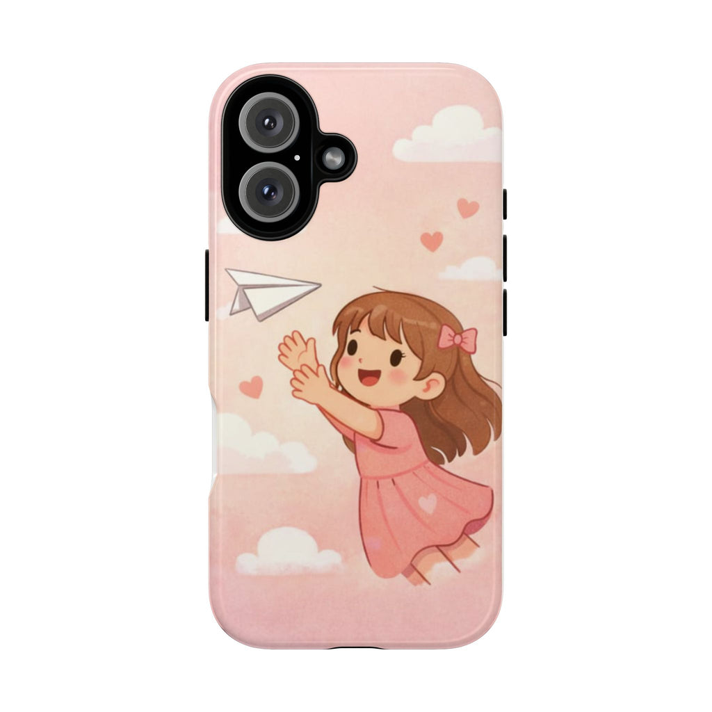 Cute Girl Paper Plane Phone Case – Pink Heart Cloud Protective Case