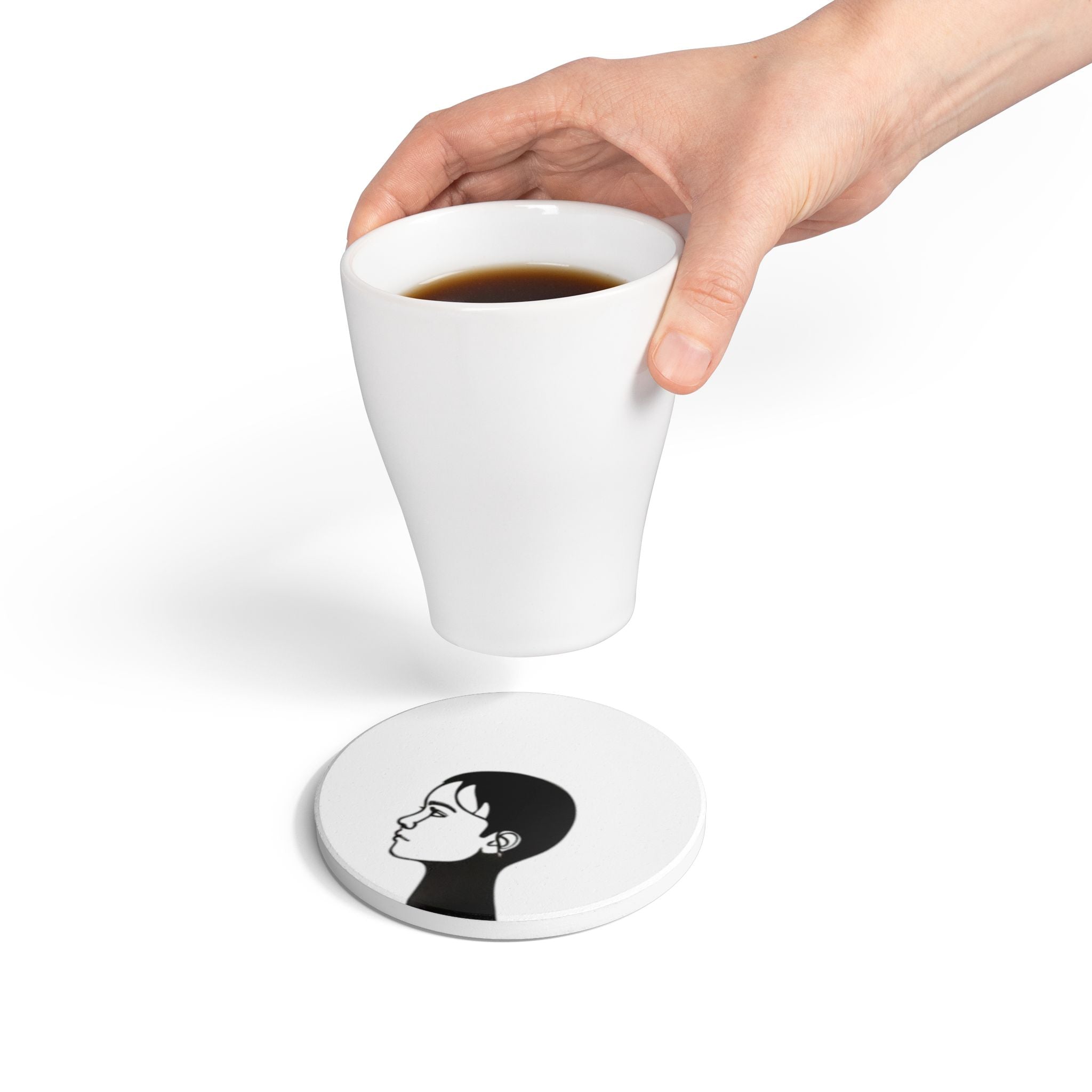 Minimalist Profile Ceramic Coaster – Black Silhouette Face Art