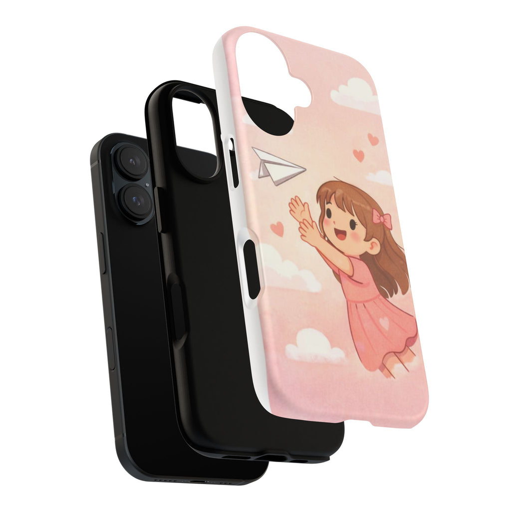 Cute Girl Paper Plane Phone Case – Pink Heart Cloud Protective Case