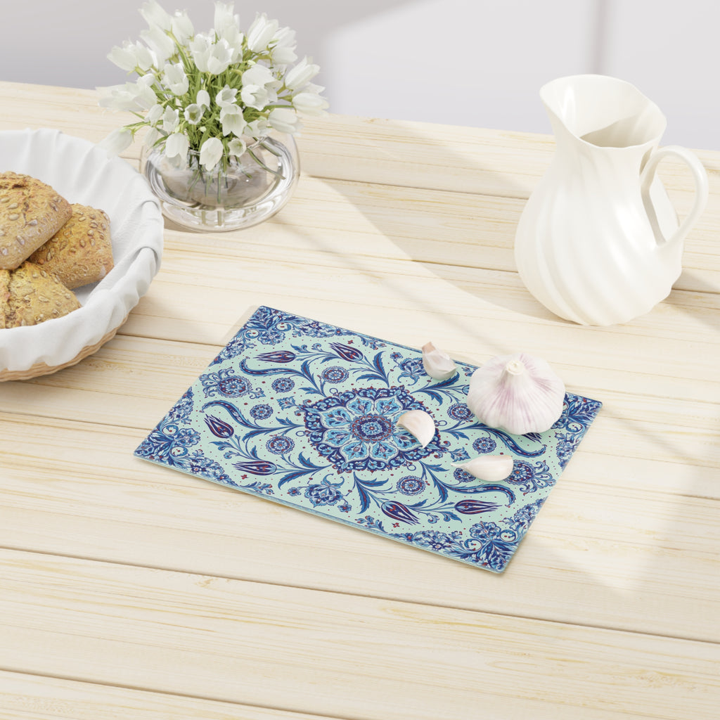 Ceramic Cutting Board – Blue Floral Mandala Kitchen Prep Board