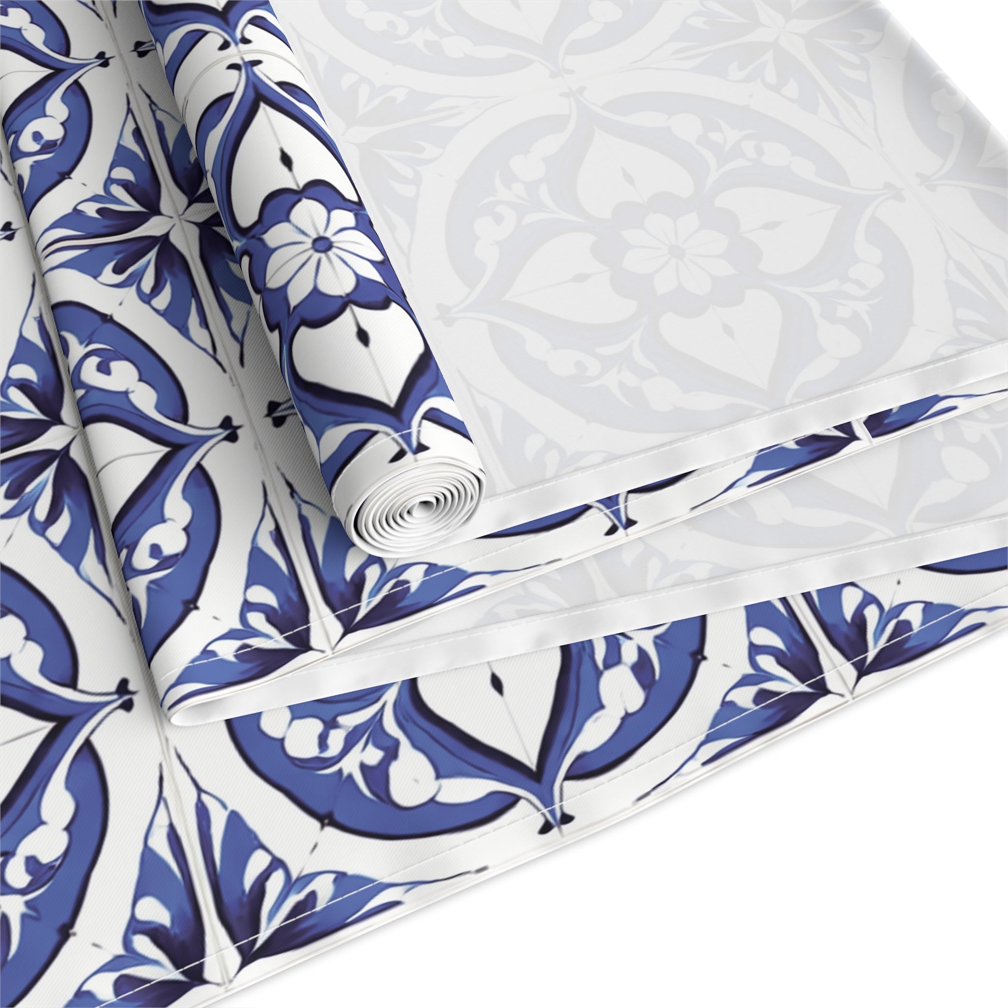 Blue Mediterranean Tile Table Runner — Cotton/Poly Decorative Dining Linen