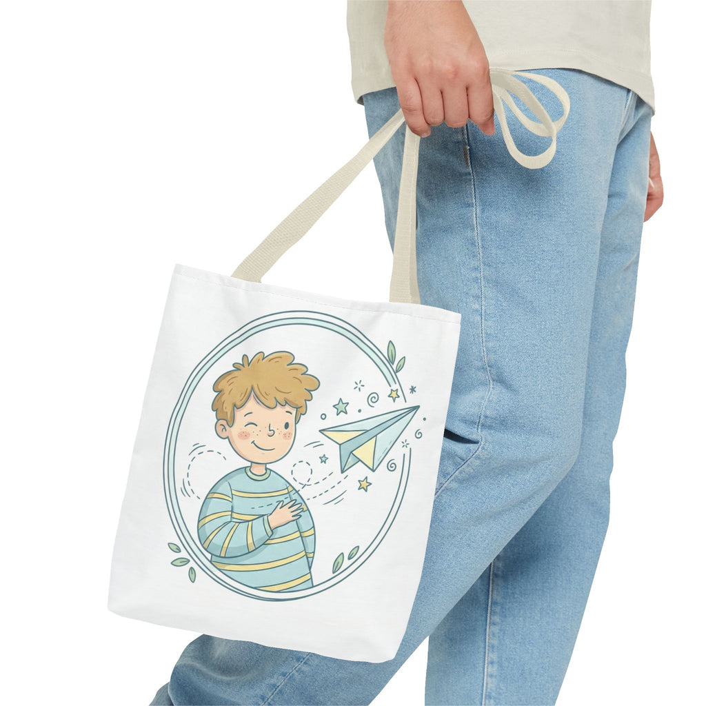 Cute Boy with Paper Airplane Tote Bag — Kids Illustration AOP Tote