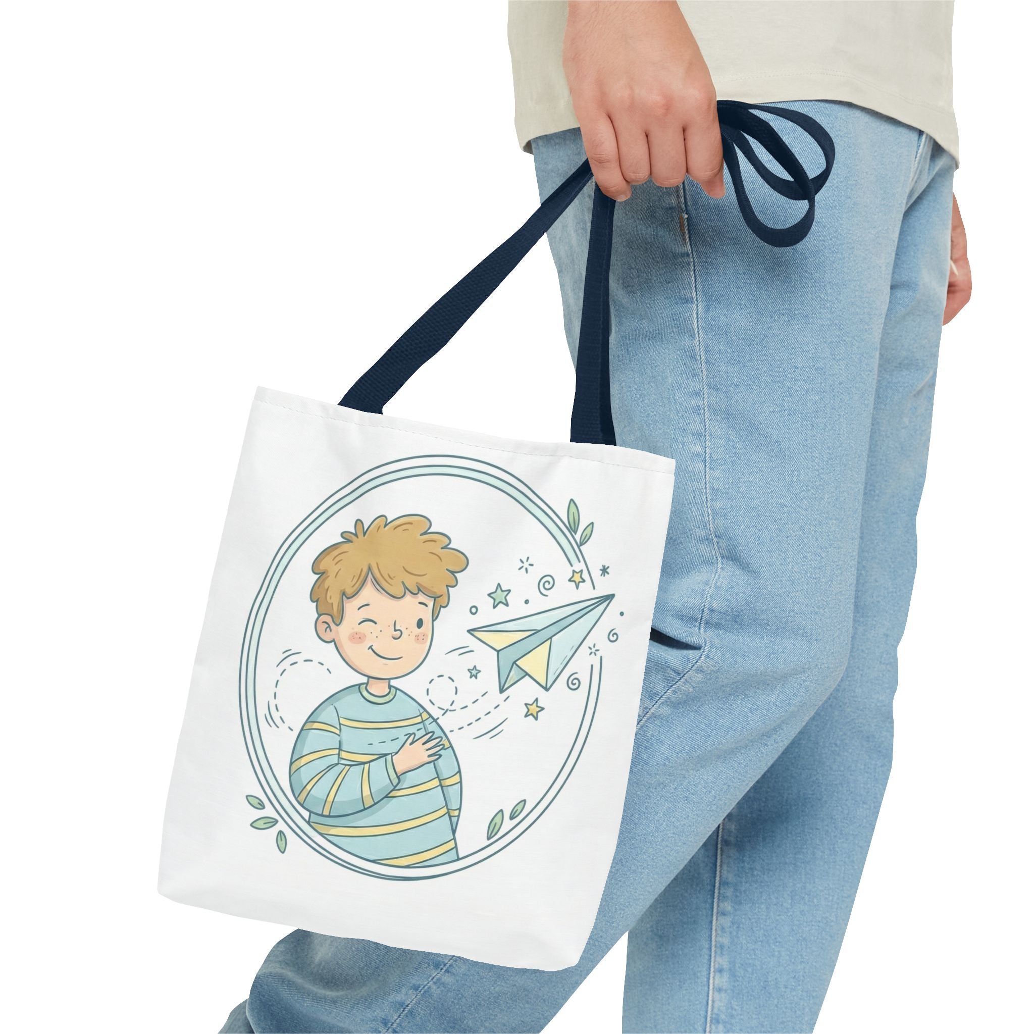 Cute Boy with Paper Airplane Tote Bag — Kids Illustration AOP Tote