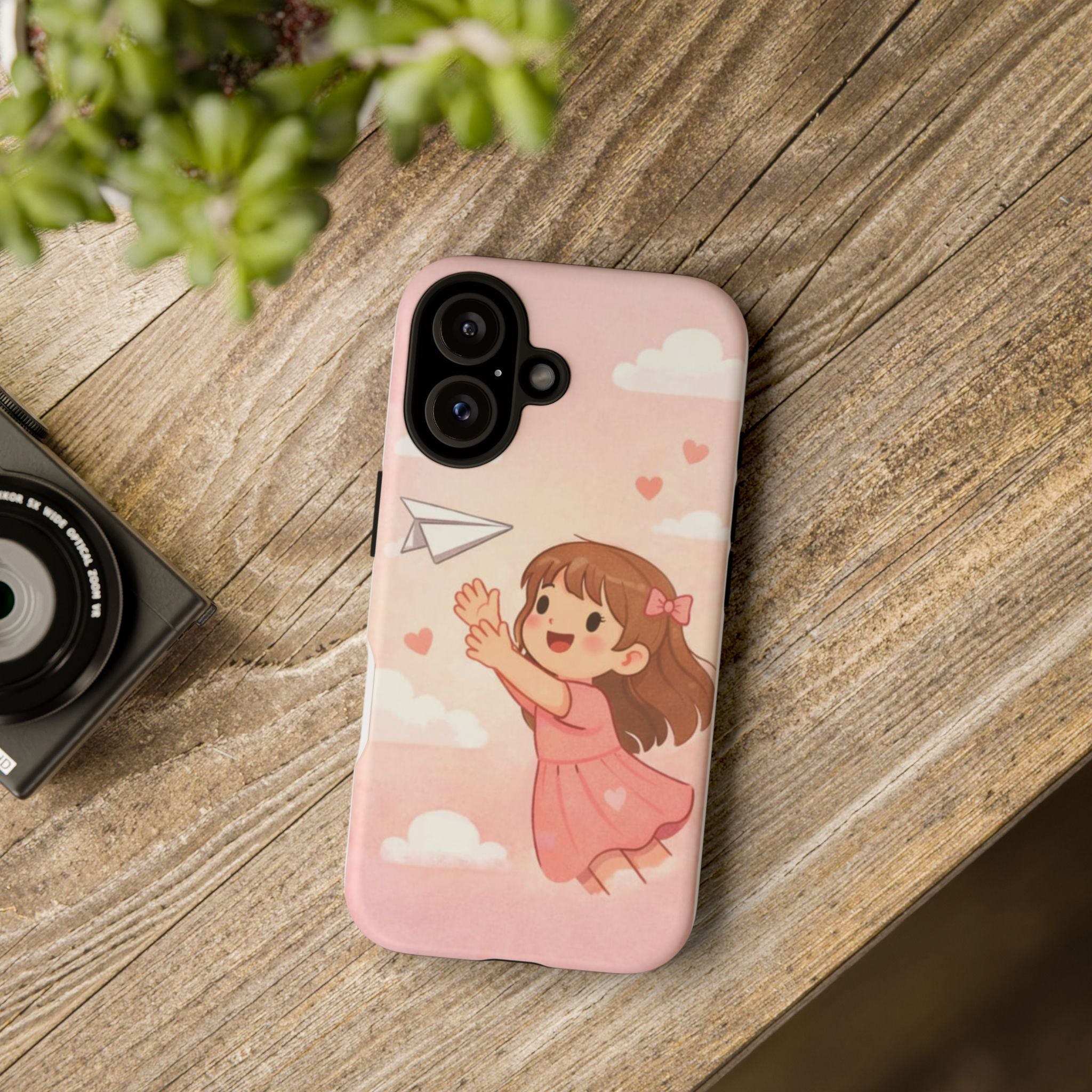 Cute Girl Paper Plane Phone Case – Pink Heart Cloud Protective Case