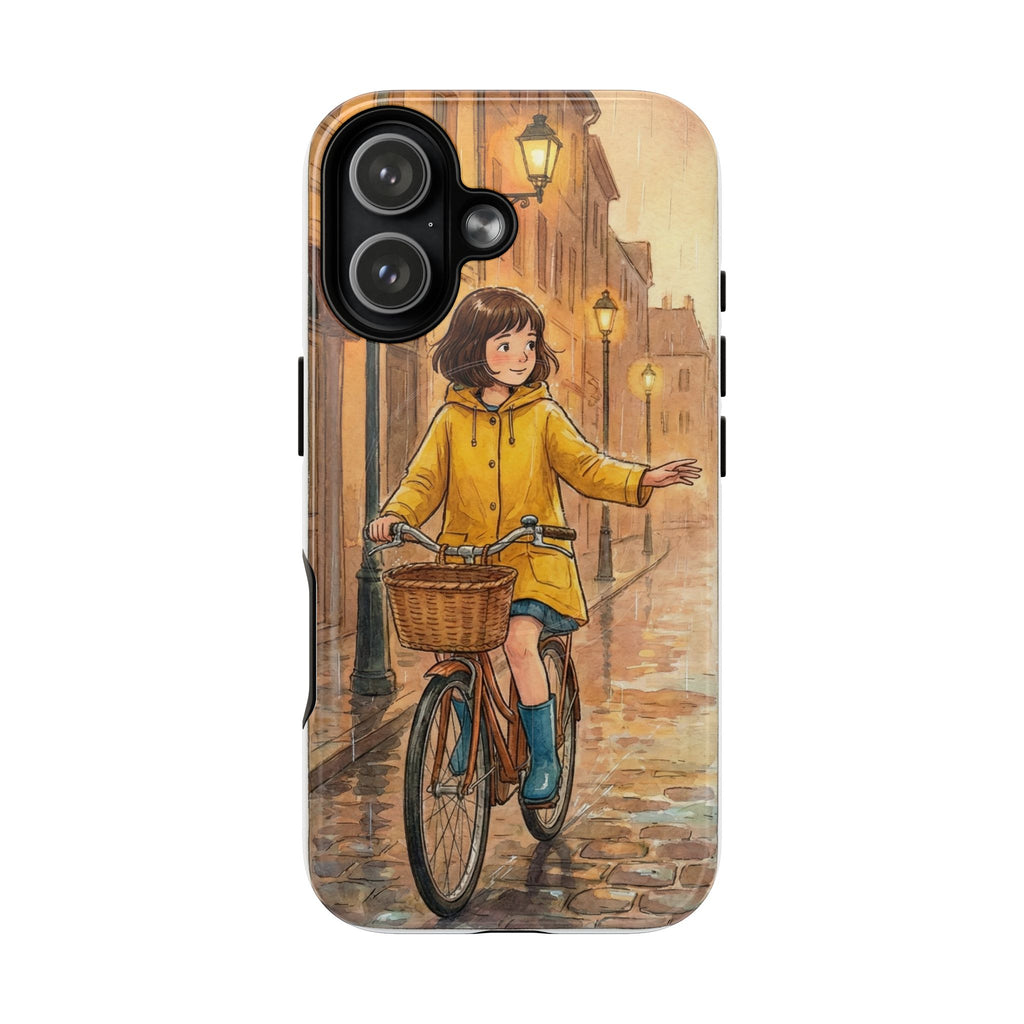 Phone Case — Vintage Rainy Evening Girl on Bicycle Illustration