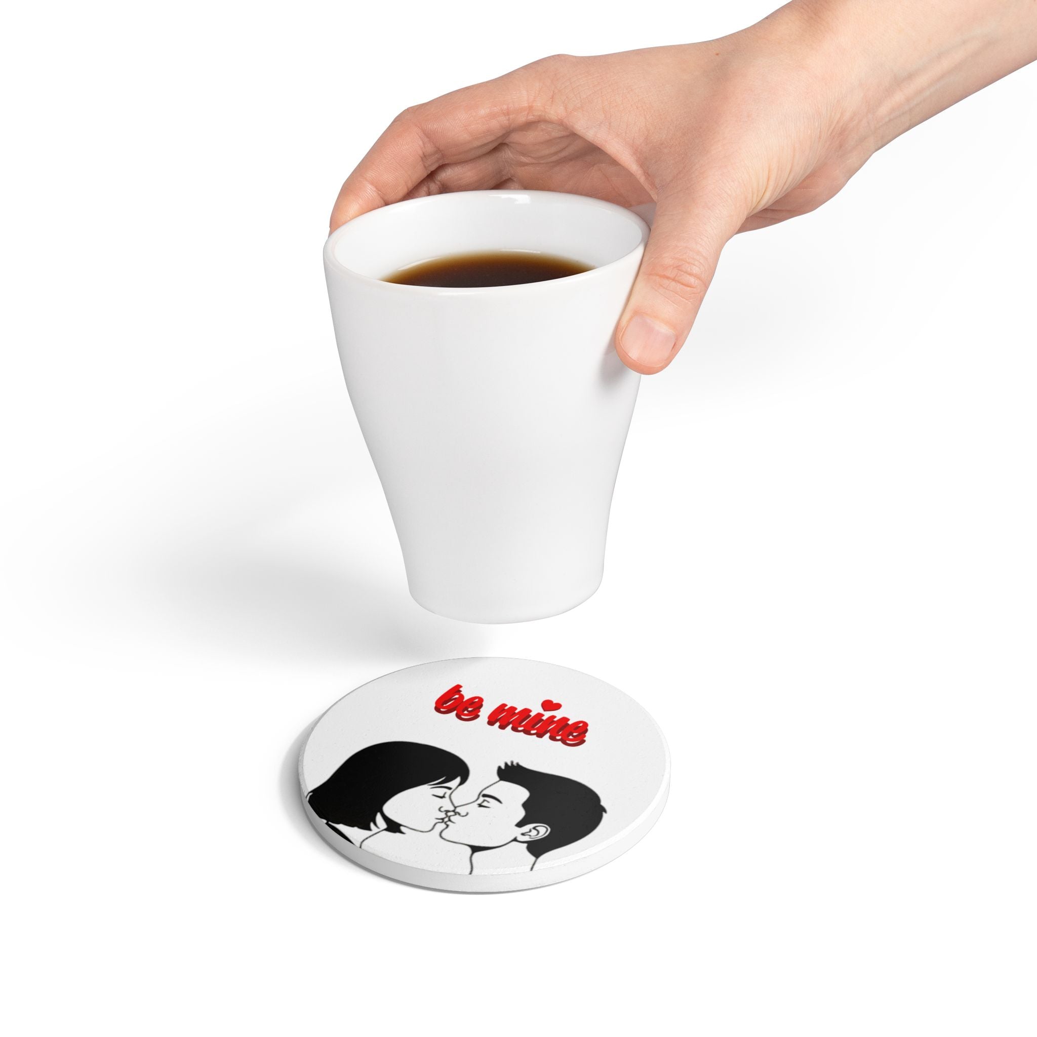 Be Mine Ceramic Coaster — Romantic Valentine’s Day Drink Coaster with Kissing Couple Design