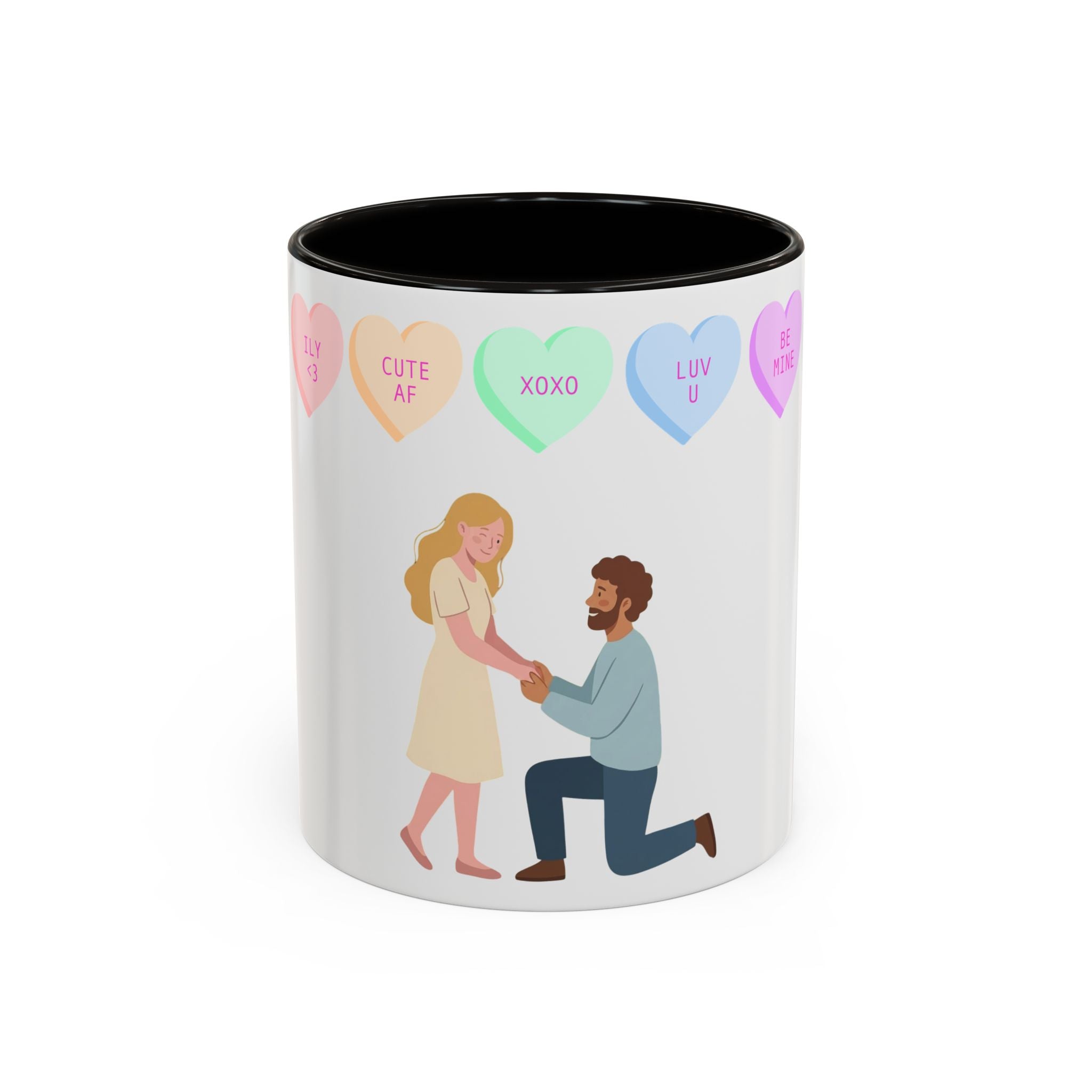Engagement Proposal Coffee Mug — 'Be Mine' Conversation Hearts Valentine Romance Mug (11oz/15oz)