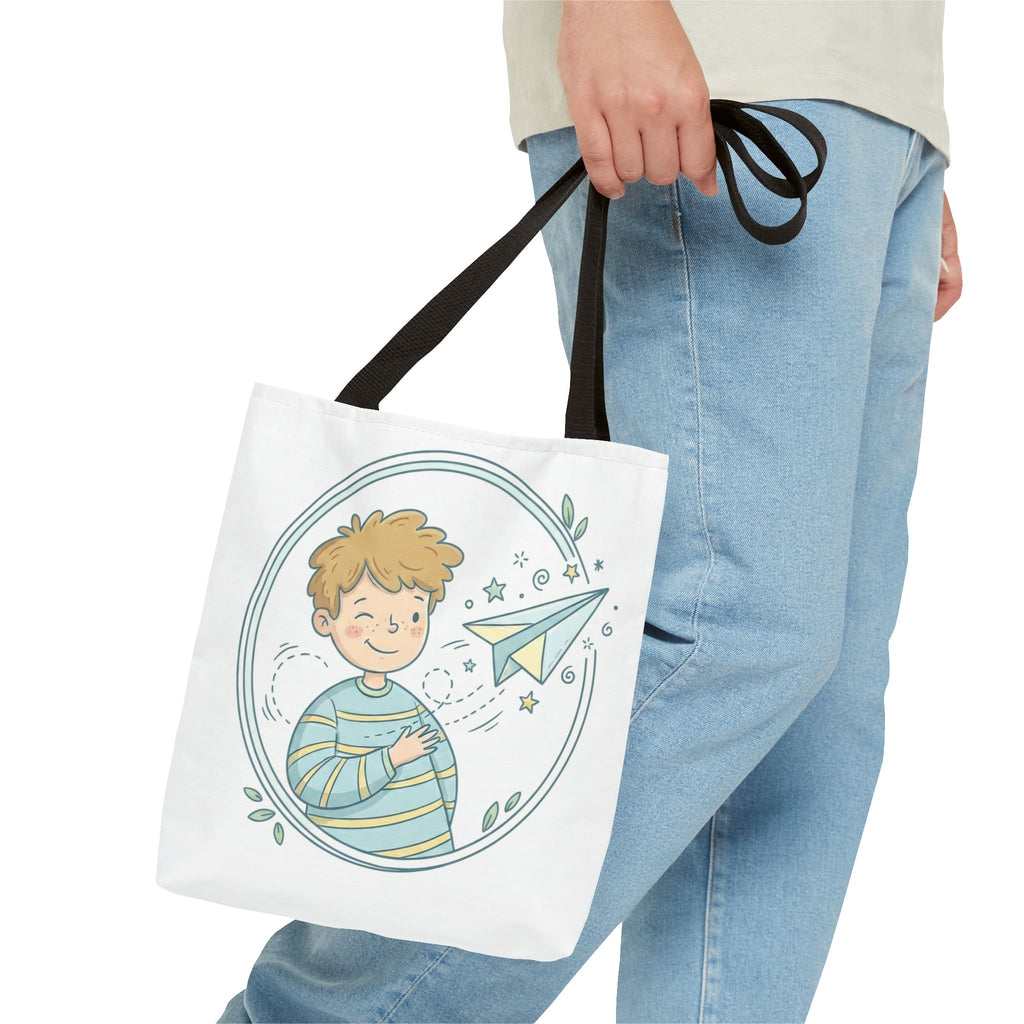 Cute Boy with Paper Airplane Tote Bag — Kids Illustration AOP Tote