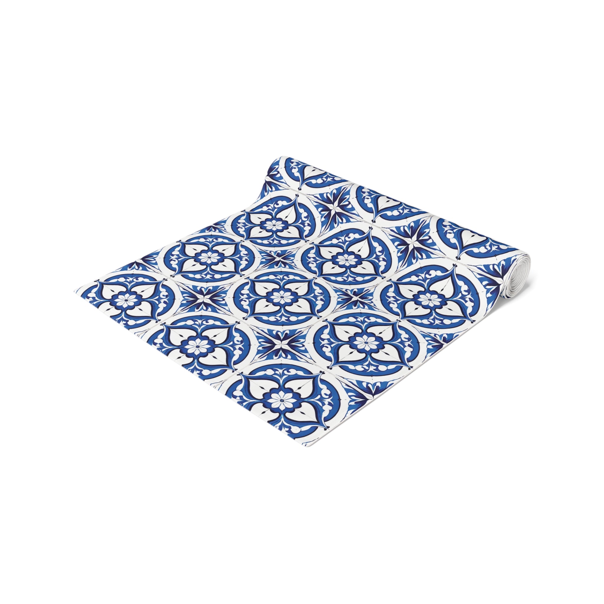 Blue Mediterranean Tile Table Runner — Cotton/Poly Decorative Dining Linen