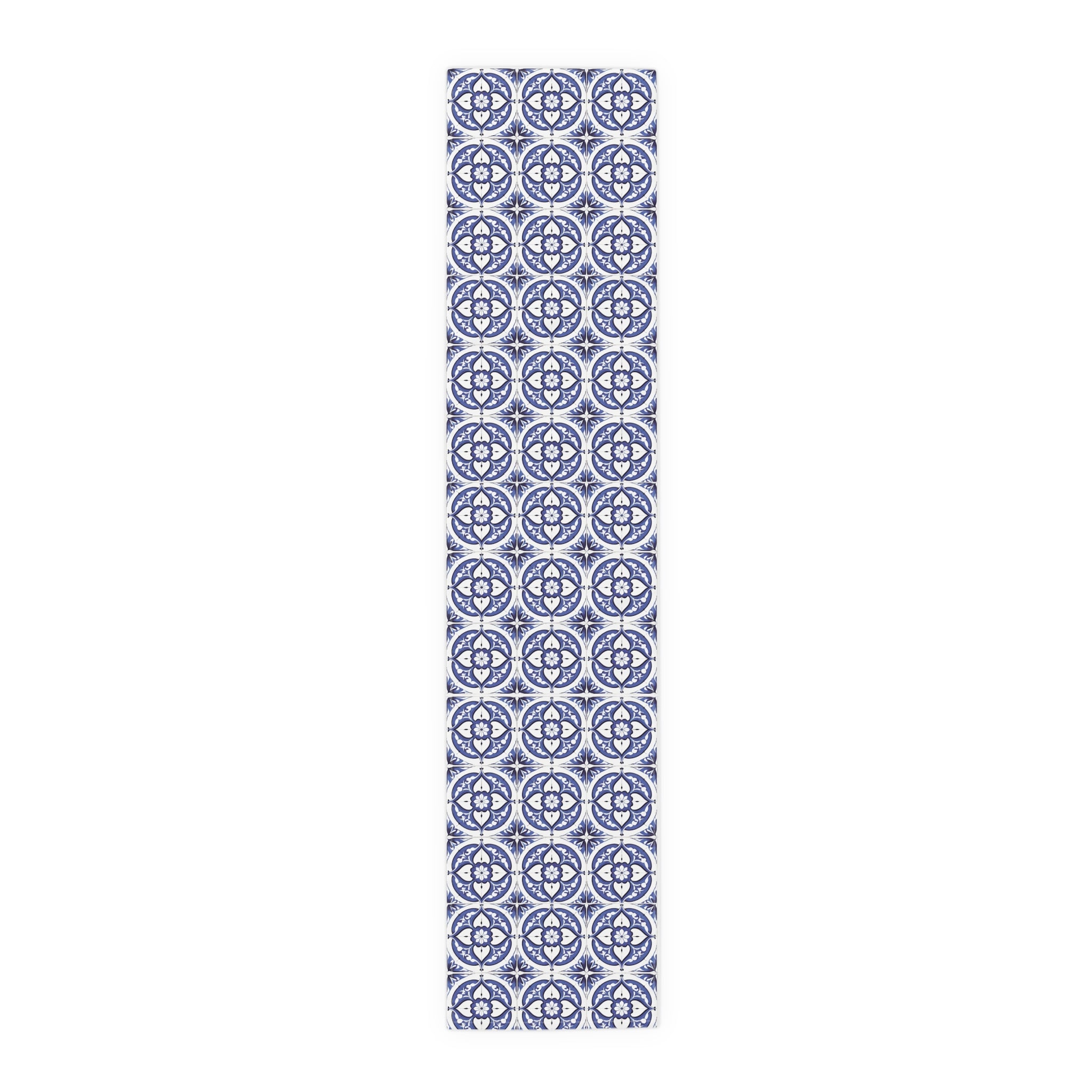 Blue Mediterranean Tile Table Runner — Cotton/Poly Decorative Dining Linen