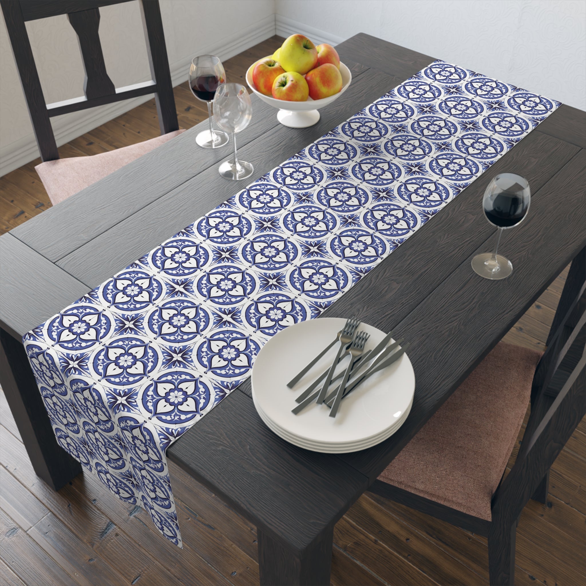 Blue Mediterranean Tile Table Runner — Cotton/Poly Decorative Dining Linen