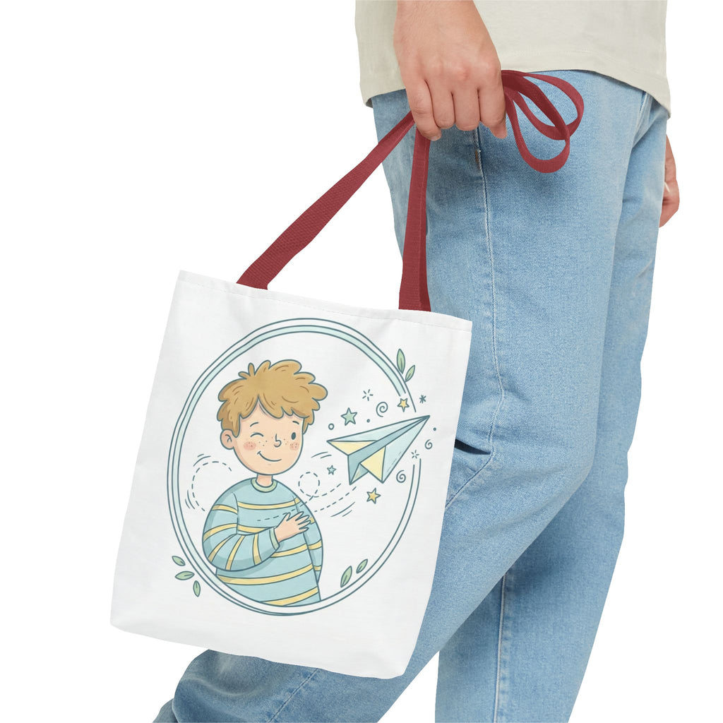 Cute Boy with Paper Airplane Tote Bag — Kids Illustration AOP Tote