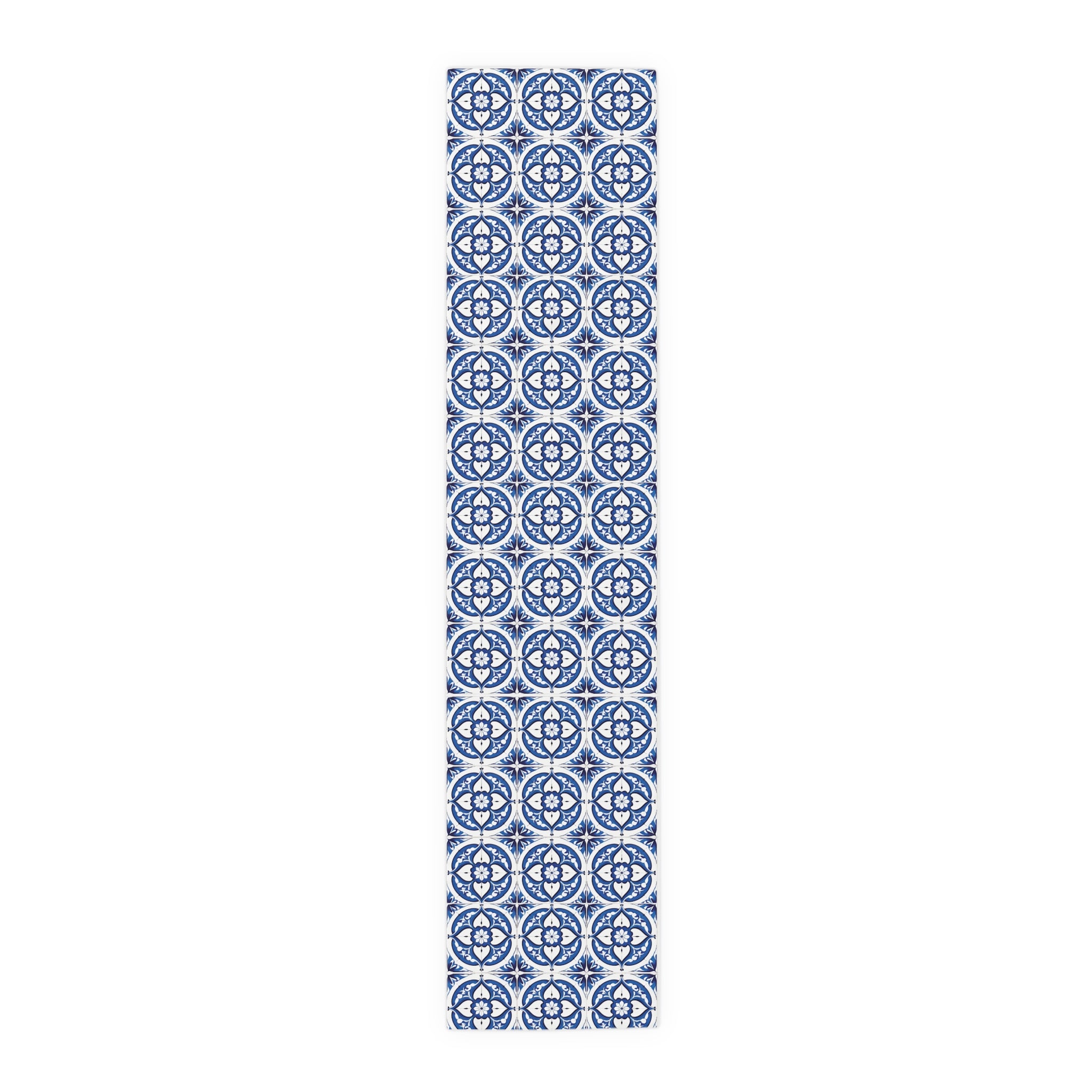 Blue Mediterranean Tile Table Runner — Cotton/Poly Decorative Dining Linen