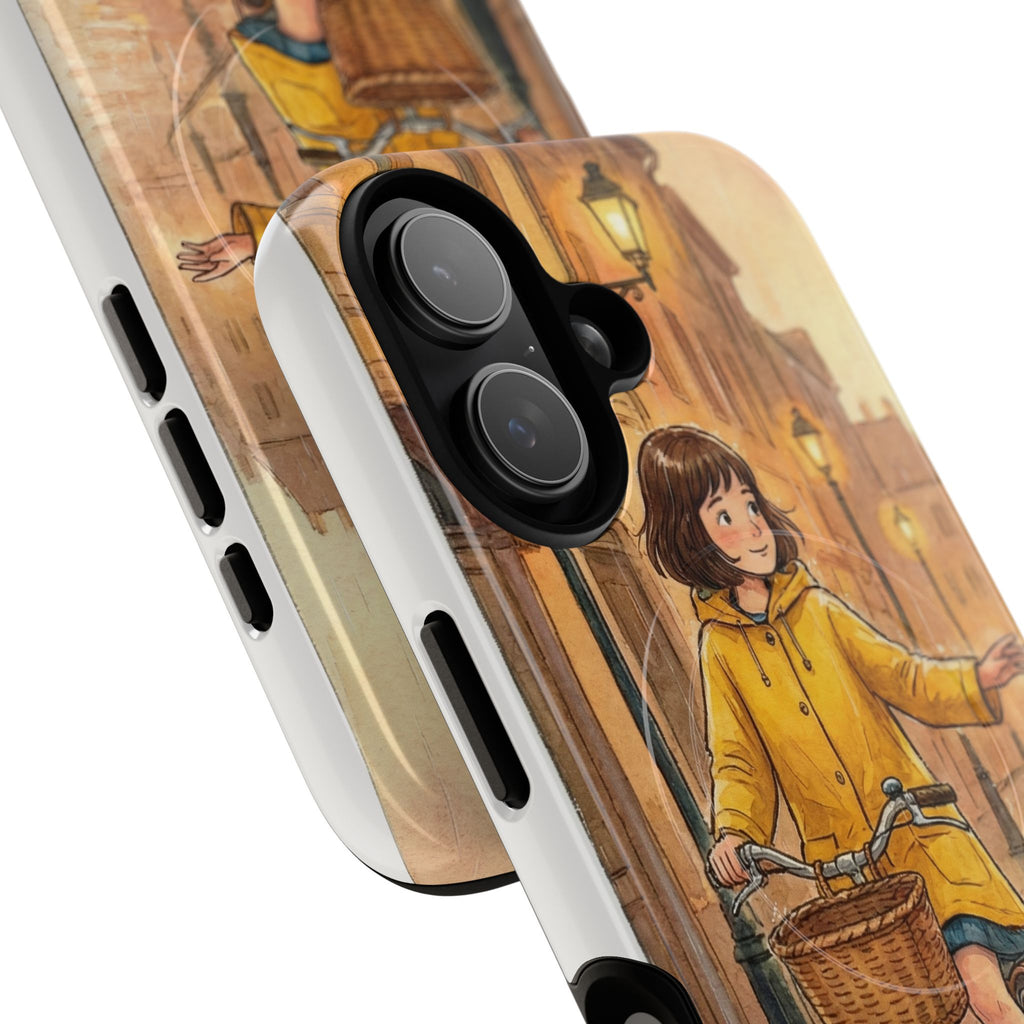 Phone Case — Vintage Rainy Evening Girl on Bicycle Illustration